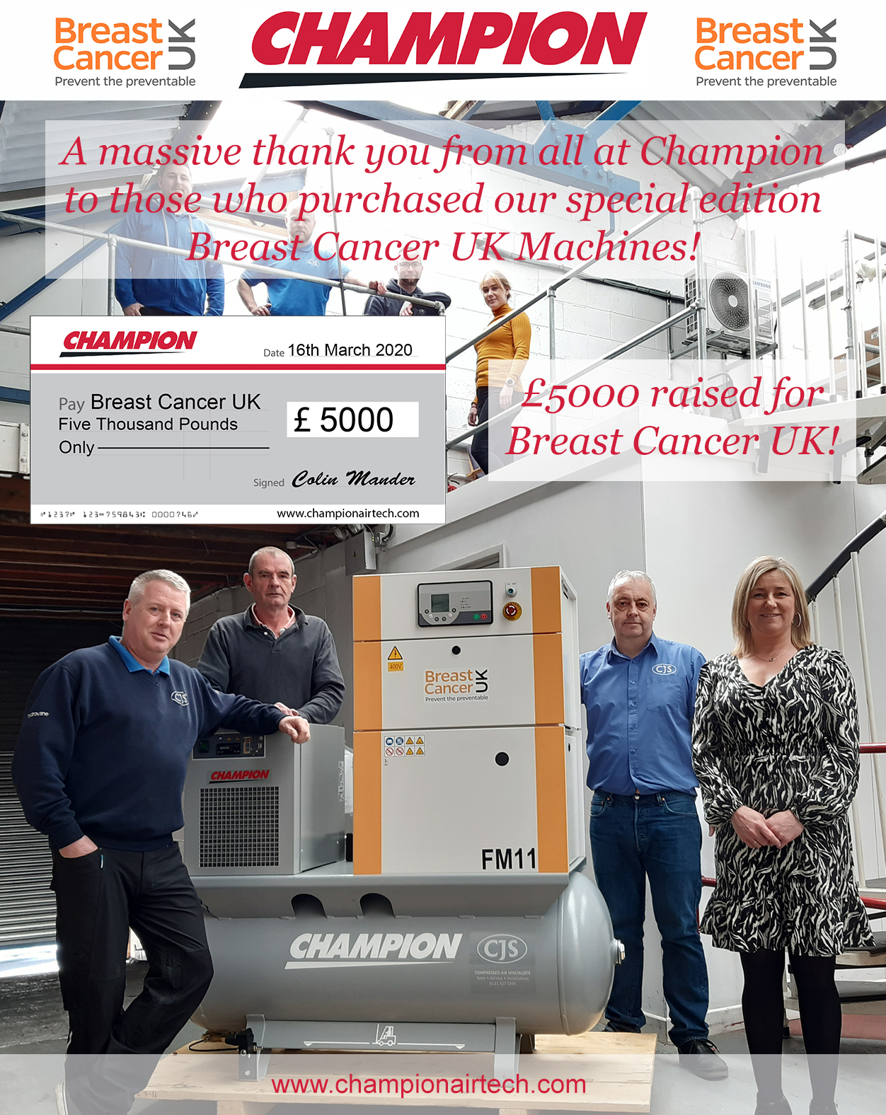 Compressor giant champions breast cancer charity, £5K cheque